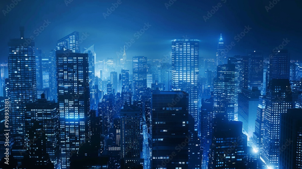 A dark and atmospheric shot of a cityscape at night The buildings are illuminated in various shades of blue, creating a feeling of luxury and mystery  