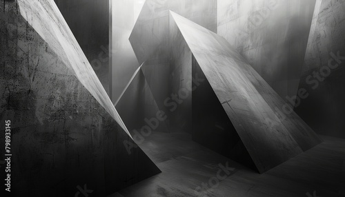 A dark and moody geometric composition with sharp lines and angles, rendered in a highcontrast black and white palette with subtle grunge textures 