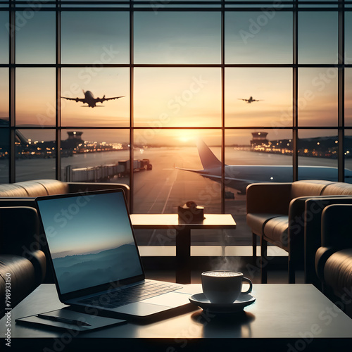 Laptop and Coffee Cup at Airport Viewing Area with Morning Plane Takeoffs