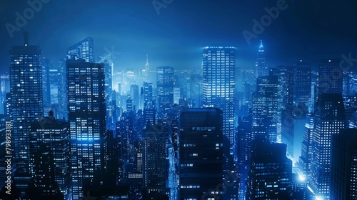 A dark and atmospheric shot of a cityscape at night The buildings are illuminated in various shades of blue, creating a feeling of luxury and mystery 