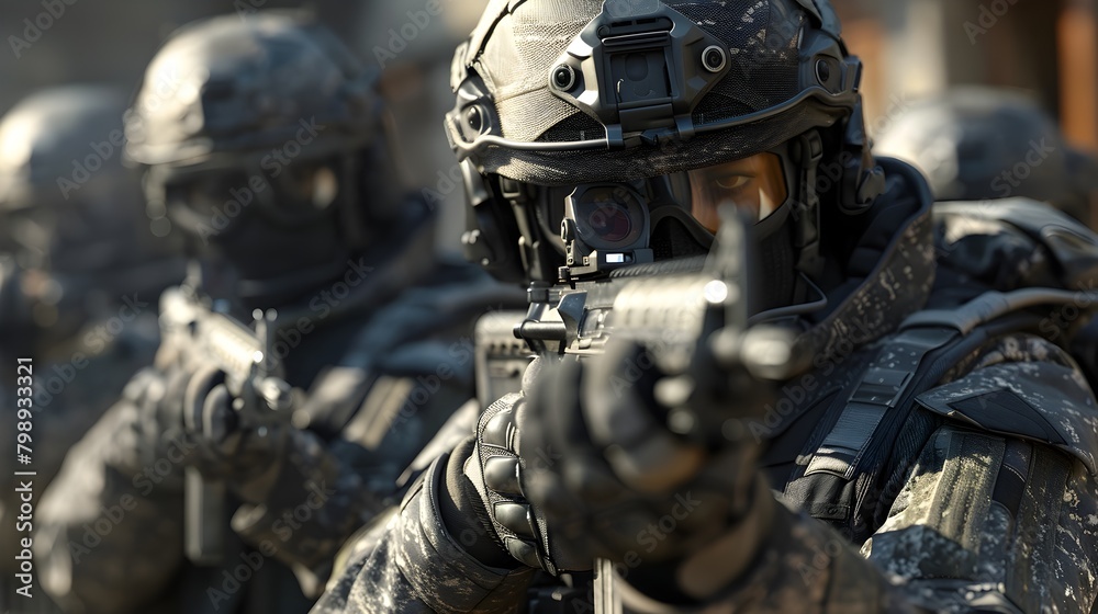 Specialized Security Team Breaching a Compound in a Tactical Maneuver with Drawn Weapons and Intense Expressions,Showcasing Chiaroscuro Lighting and Specialized Security Team Breaching a Compound in a Tactical Maneuver with Drawn Weapons and Intense Expressions,Showcasing Chiaroscuro Lighting and
