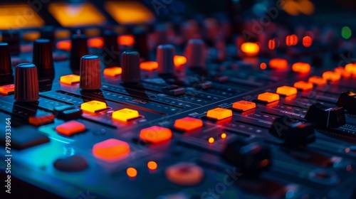 Close-up of a soundboard with illuminated buttons and sliders, depicting audio control in a professional setting.