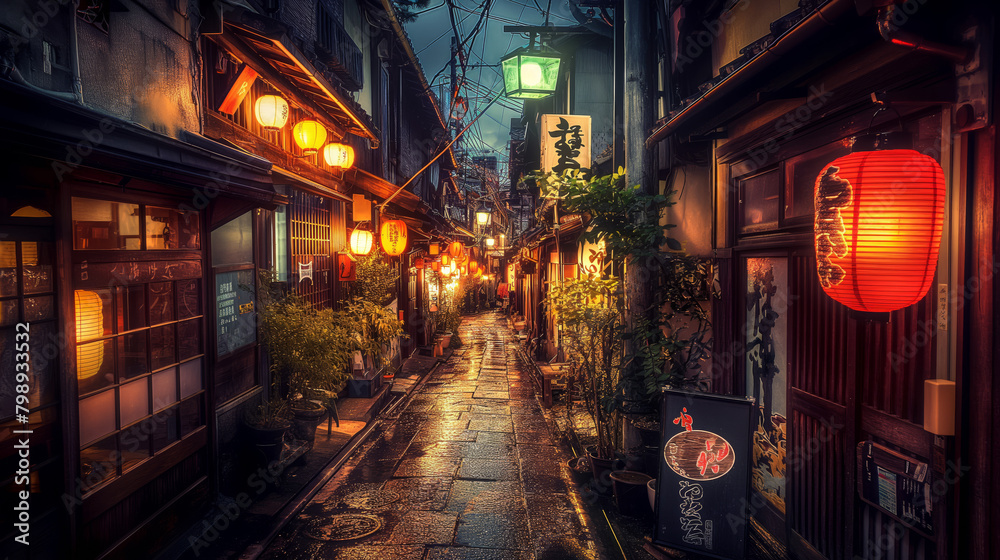This picturesque image captures a vibrant alleyway in a Japanese district, illuminated by traditional lanterns and signages at night