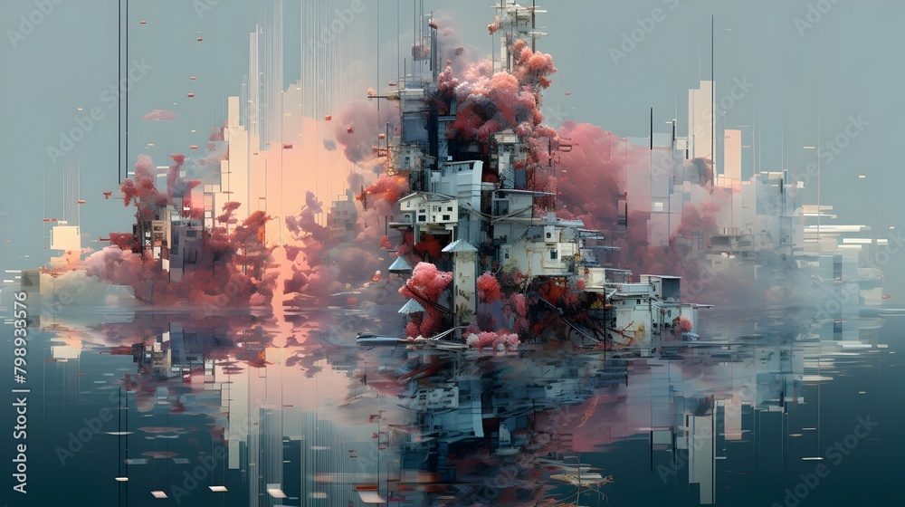 Surreal Glitched Geometric Landscape with Vibrant Digital Cubism Patterns