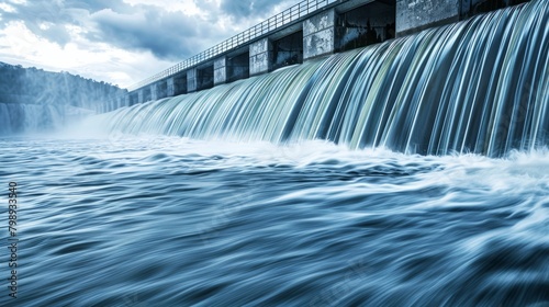 Spectacular view of a dam releasing water  showcasing the strength of flowing water in a controlled environment.