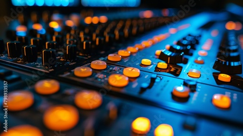 Close-up of a soundboard with illuminated buttons and sliders, depicting audio control in a professional setting.