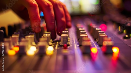 Close-up of hands adjusting equalizer knobs on a sound mixer, fine-tuning audio for optimal clarity.