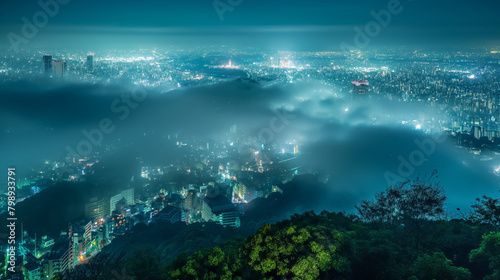 An expansive night view of a bustling cityscape enveloped in atmospheric fog, with twinkling lights below