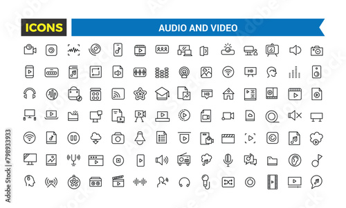 Audio and Video Icons Pack, Thin Line Icons Set, Flat Icon Collection Set, Simple Vector Icons, Vector Illustration
