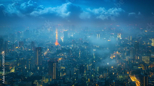 An aerial view of a lively cityscape highlighting the iconic Tokyo Tower piercing through a cloudy evening sky