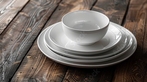 Monochrome dinnerware set elegantly arranged on a dark wooden table with subtle lighting for a moody feel © rorozoa