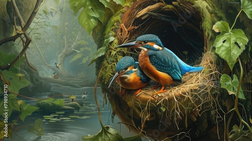 pair of kingfisher birds building a nest in a riverside burrow, showcasing their dedication to nesting and breeding. © buraratn