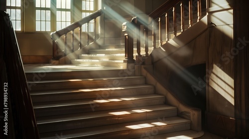 panoramic view of a staircase illuminated by natural light streaming through windows, creating a dramatic interplay of light and shadow.