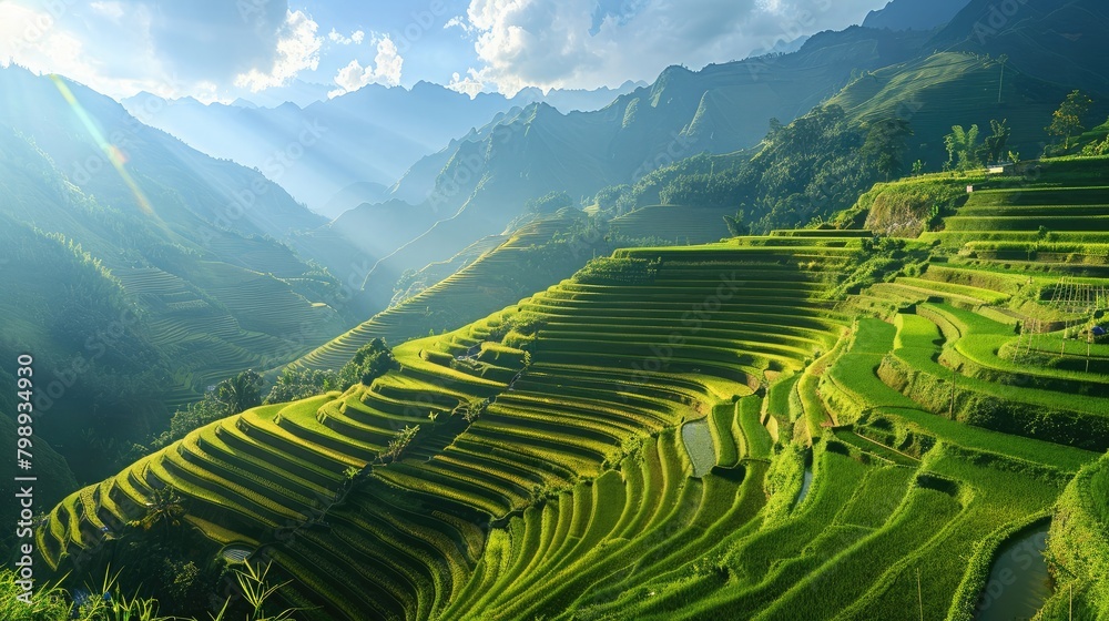 panoramic view of terraced rice fields cascading down a mountainside, exemplifying the ingenuity of rice farming in hilly terrain.