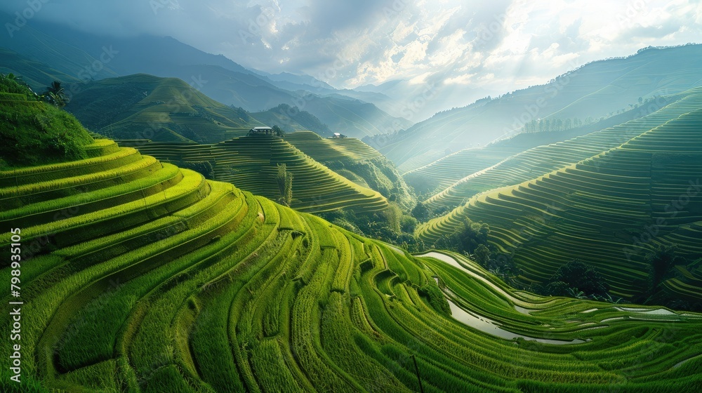 panoramic view of terraced rice fields cascading down a mountainside, exemplifying the ingenuity of rice farming in hilly terrain.