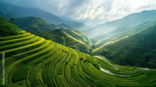 panoramic view of terraced rice fields cascading down a mountainside, exemplifying the ingenuity of rice farming in hilly terrain. © buraratn