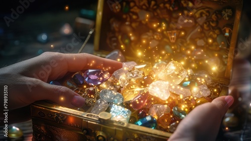 person opening a golden chest to reveal a dazzling array of precious gemstones and jewels, evoking wonder and fascination.