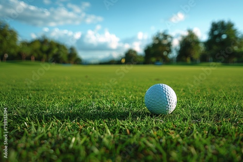 Golf Serenity: Close-Up of Ball on Lush Fairway, Sunlit Green Outdoor Leisure
