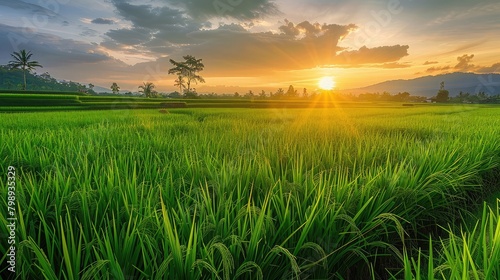 picturesque rice paddy field at sunset  showcasing the serene beauty and agricultural abundance of rice cultivation.