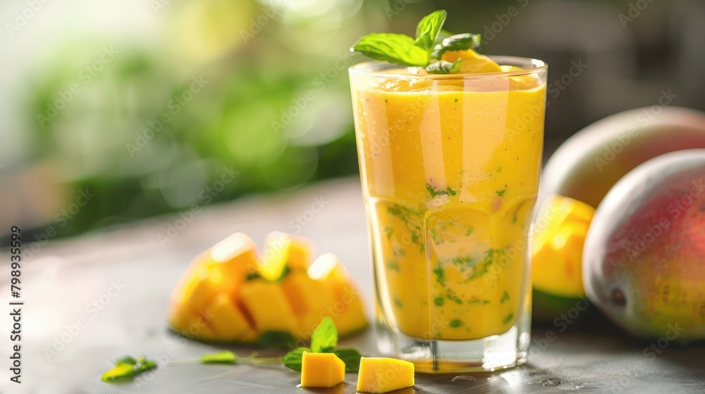 Fototapeta premium refreshing mango smoothie served in a glass, highlighting the tropical flavors and nutritional benefits of this beloved fruit.