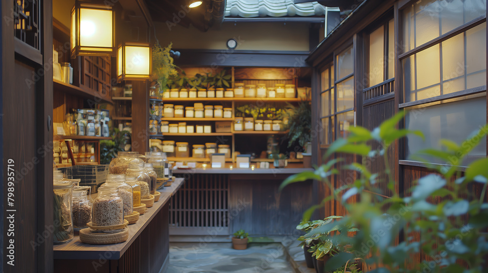 Quaint and cozy traditional Japanese shop front displaying an inviting array of goods under warm lantern light