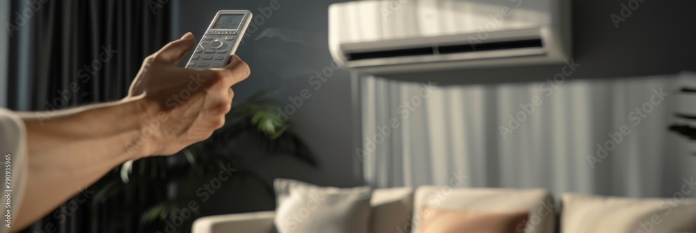 Man uses remote control to control air conditioner