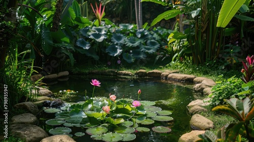 serene garden pond adorned with lush greenery and vibrant lotus flowers, showcasing the beauty and tranquility of the aquatic plant.