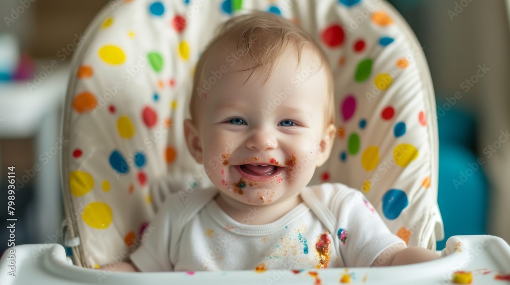 Baby sitting happily in his high chair, his face and hair adorned with splashes of colorful baby food Baby sitting happily in his high chair, his face and hair adorned with splashes of colorful baby food