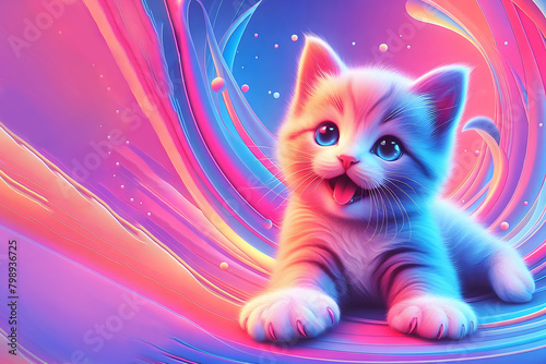 Cute fluffy striped kitten on festive,abstract,futuristic pink and blue with yellow background. Concept: children's photos, children's holiday, matinee. Wallpaper on the phone for children.