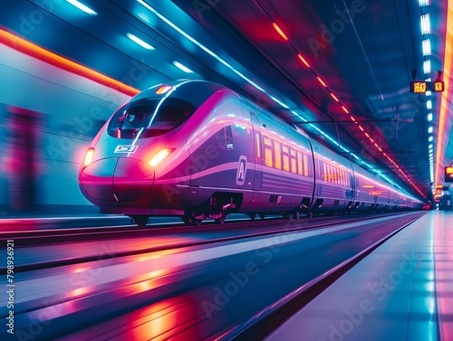 A train is moving through a tunnel with bright lights. The train is moving quickly and the lights are creating a sense of motion and excitement
