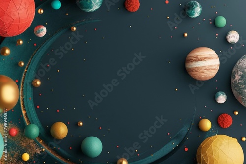Dark Cosmic Background with Planets and Ornaments 