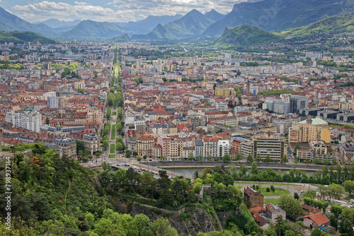 General view of the city of Grenoble from La Bastille hill and fortress with Vercors slopes in the background