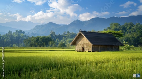 traditional wooden rice barn nestled among verdant rice fields, preserving the cultural heritage of rice farming communities.