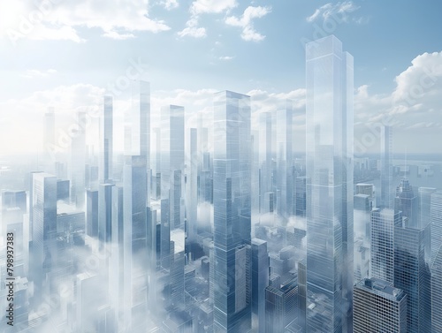 A cityscape with tall buildings and a hazy, foggy atmosphere. The buildings are made of glass and appear to be futuristic. The sky is mostly clear, with a few clouds scattered throughout