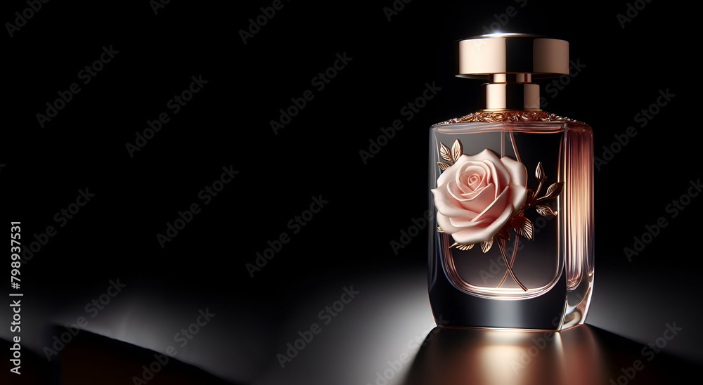 Perfume bottle on the table Perfume widely used to ensure a pleasant and lasting smell is a mixture of substances such as aromatic essential oils alcohol , generative  ai