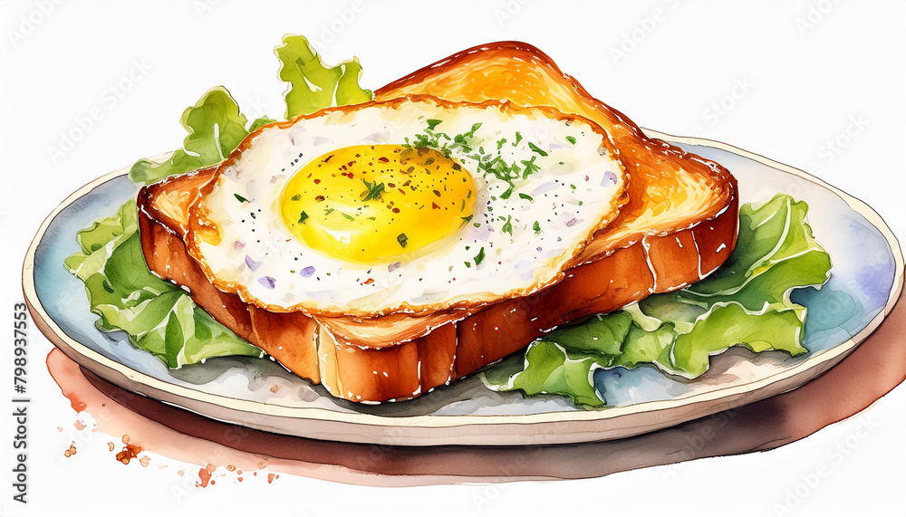 Watercolor painting of toast bread with fried egg. Tasty fast food. Delicious meal. Hand drawn art