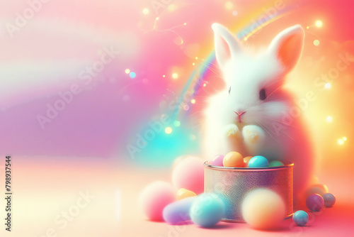 Cute fluffy white rabbit on festive,abstract,futuristic pink and blue with yellow background. Concept: children's photos, children's holiday, matinee. Wallpaper on the phone for children.