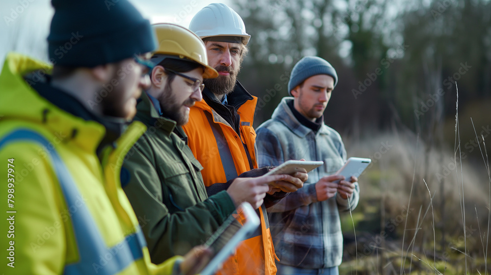 A team of engineers conducting field tests on a new renewable energy prototype. Diligence and work, team and trust, profit