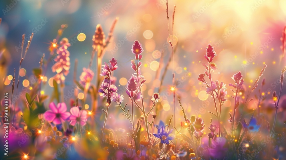 In a vibrant summer meadow, wildflowers of all colors sway gently in the warm breeze.