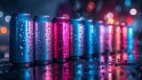 Row of glistening soda cans with dew droplets under neon city lights, reflecting vibrant blues and pinks on a dark surface.