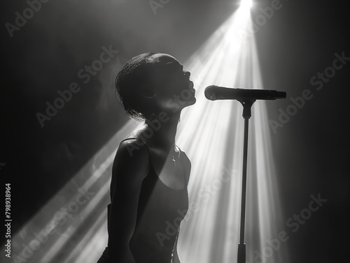 A woman singing into a microphone with a spotlight shining on her. Concept of focus and intensity, as the woman is fully engaged in her performance