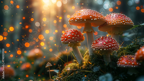 fly agaric mushroom in forest. Image with copyspace photo
