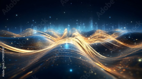  Dive into the world of digital innovation with an abstract futuristic background, adorned with pulsating waves of particles, intricate code, and dots, bathed in a mesmerizing blue and gold color © graphito