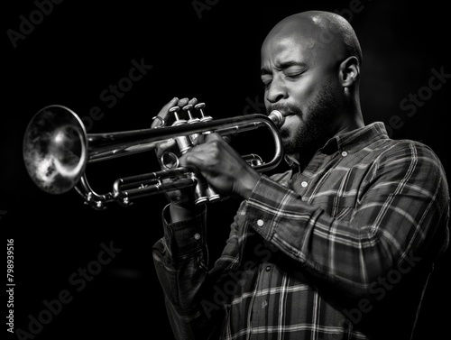A man playing a trumpet in a black and white photo. The man is wearing a plaid shirt and he is in a serious mood