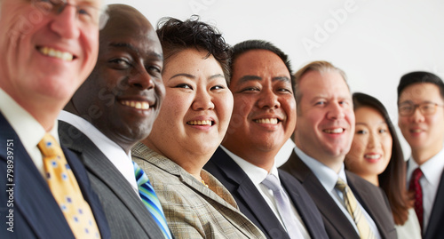 Beautiful work diversity with business team from different cultures in front a white background.