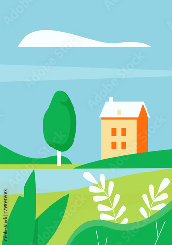 Abstract minimal summer or spring landscape with farm house and river, green plants and tree vector illustration