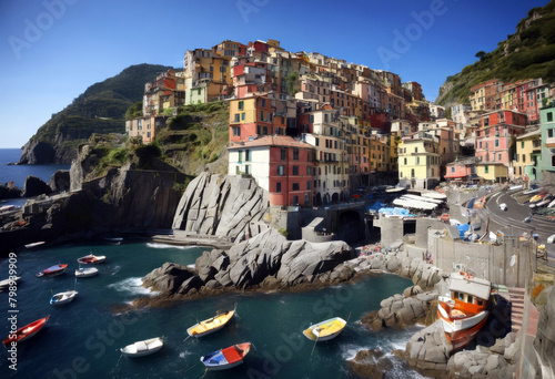 cliff boats background rock fishing Cinque village traditional blue National Italian water sky park multicolored Manarola Liguria houses Spezia Terre colorful buildings typical