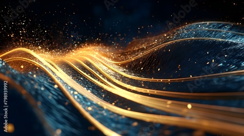  Immerse yourself in the future of technology with an abstract futuristic digital background, showcasing waves of particles and code intertwined with dots, casting a captivating blue and gold hue, per