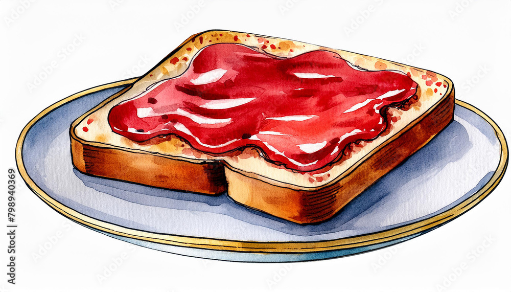 Watercolor painting of toast bread with sweet jam. Tasty food. Delicious snack. Hand drawn art