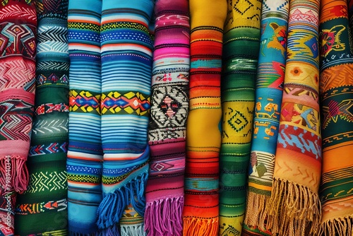 Vibrant Mexican serape fabric textures frame taco photography, celebrating color and tradition.